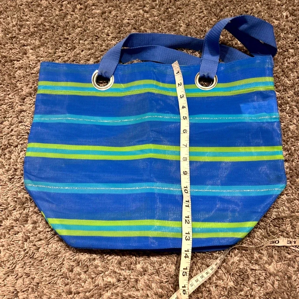 Blue‎ Striped Tote Bag with Silver Accents and Webbing Handles Cute